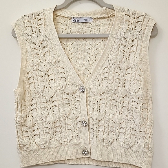 Zara Women's Knit Waistcoat Bejeweled Button Ivory Cream Vest Sz S - Picture 16 of 16